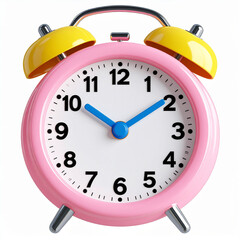 Tick-Tock Time: A vibrant, close-up shot of a classic pink alarm clock, its hands poised against a crisp, uncluttered face, ready to ring in a new day. The clock features bright yellow bells