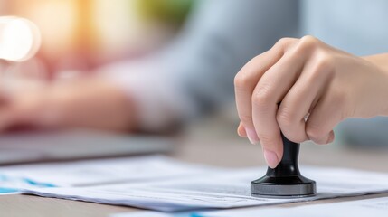 Fototapeta premium Close up of a person s hands stamping an official document or legal contract indicating formal approval or signing of an agreement
