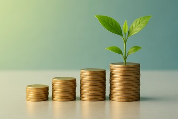 Stacks of gold coins with a green plant growing out of the largest stack