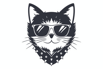 Cool cat wearing sunglasses and a spiked collar is looking forward confidently