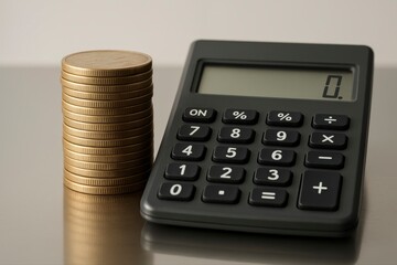 A stack of coins next to a black calculator on a reflective surface