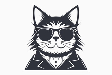 Monochromatic cat wears sunglasses and a formal blazer with neutral background elegantly