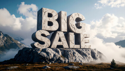 Monumental "Big Sale" text carved from stone or rock on a mountain top against a cloudy sky. Generated image