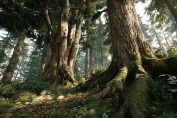 Fototapeta premium Photorealistic Ancient Forest with Giant Trees – Natural Scenic Landscape