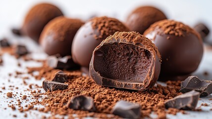 Truffle chocolate structural fracture with tempered shell cracking to reveal ganache core and cacao powder particle dispersal