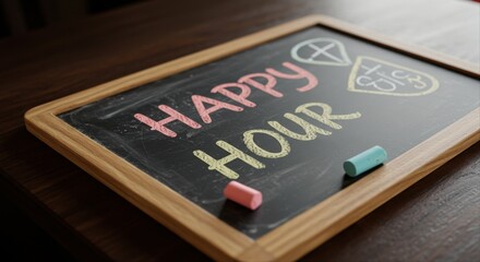 Chalkboard sign displaying 'Happy Hour' with colorful chalks. chalk menu with happy hour  