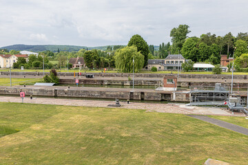 Side view of the locks of Amfreville-sous-les-Monts seen from the overpass over the Seine near Rouen