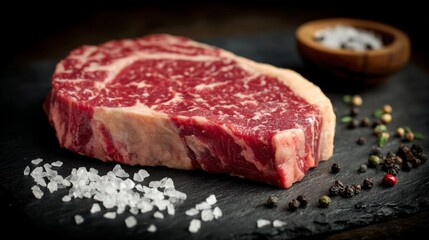 Fototapeta premium A high-quality shot of a single raw ribeye steak with rich marbling, placed on a dark slate surface, surrounded by coarse salt and black peppercorns