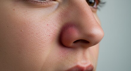 Close-up of young woman’s face with broken nose with bruising   
