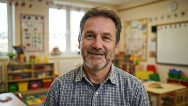 Male kindergarten teacher smiling warmly in colorful classroom, representing inclusive workforce and breaking gender stereotypes