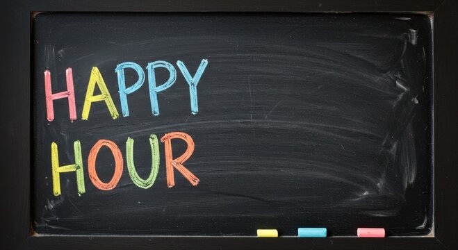 Colorful chalk menu with happy hour text for promotions.