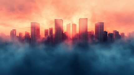 City skyline in mist, vibrant sunset, surreal atmosphere