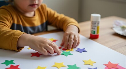 child gluing paper stars. boy crafting with colorful star stickers on white paper  