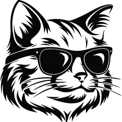 Monochrome cat portrait has cool sunglasses, presenting a classic feline sophistication look