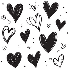 Collection of hand drawn black hearts in various styles and sizes silhouette