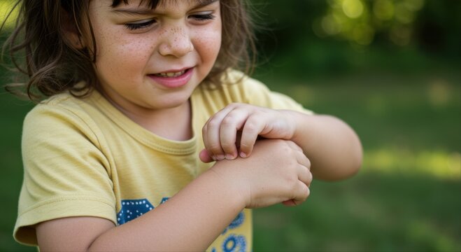 Young child grimacing while scratching itchy bug bite in a green field  