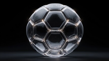 Naklejka premium A perfectly symmetrical soccer ball made of clear glass, resting on a dark surface. The sleek, transparent design and smooth reflections give it a modern, elegant, and artistic look.