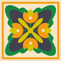 Floral Burst Tile – Green and Yellow Symmetrical Design. Dynamic retro-style tile pattern. Vector Illustration.