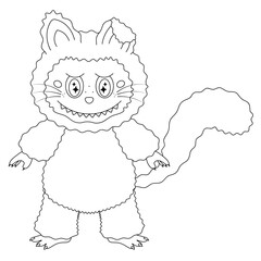 Cat. Cute toothy kitten with a tucked ear. Sketch. Vector illustration. Outline on an isolated white background. Doodle style. Fluffy baby with sparkles in the eyes. Coloring book for children.
