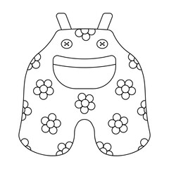 Jumpsuit. Sketch. Cute pants with suspenders, a pocket and buttons, decorated with a floral pattern. Vector illustration. Outline on an isolated white background. Doodle style. Coloring book.