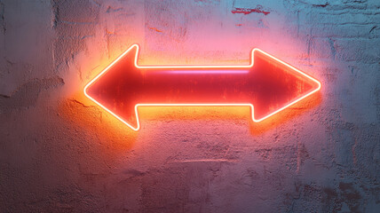 Neon pink arrow sign glowing on a textured wall.