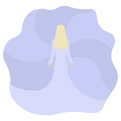 Blonde in a long purple evening dress with a lush, fluttering skirt. Back view. Color vector illustration. Tall lady with long hair. Isolated on white background. Cartoon. Idea for web design.