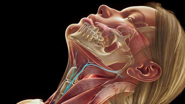 Detailed Anatomical Render Showing Facial Muscle Structure Bone and Blue Vessels on Dark Backdrop