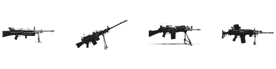 Firearm Silhouettes In Icon Set. Military And Tactical Weaponry Symbol Collection. Defense And Security Use. Isolated Vector Illustration