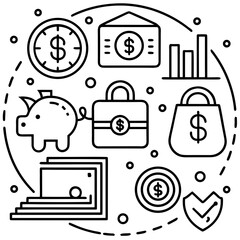 Finance and Money Icon Set – Thin Line Business Collection (Budget, Savings, Currency, Profit – Vector Illustration)

