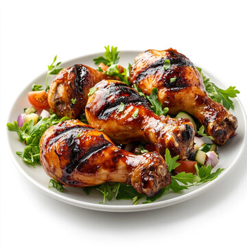 Crown of grilled chicken drumsticks with barbecue sauceon with salaad on a plate, isolated on white background. photography, high resolution, hyper-realistic, high detail