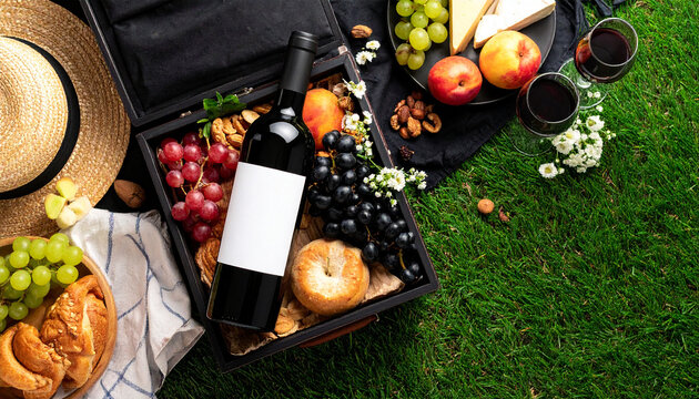 Picnic Basket with Wine: A delightful picnic scene unfolds on a vibrant green lawn, featuring a rustic picnic basket brimming with red wine, fresh grapes, cheese, peaches, and assorted pastries.