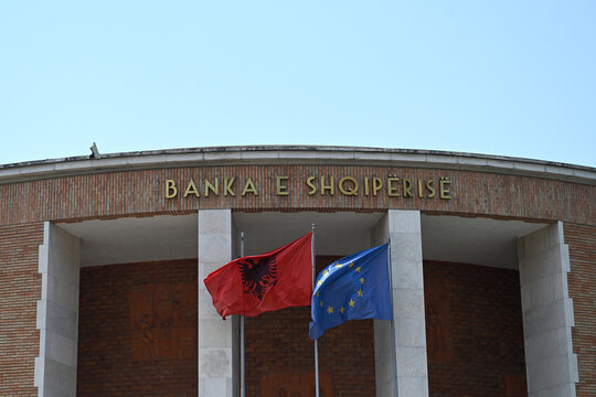 Tirana, Albania - June 20, 2025: Head office of the Bank of Albania (Banka e Shqiperise) on Skanderbeg Square in Tirana. Bank of Albania is the central bank of Albania.
