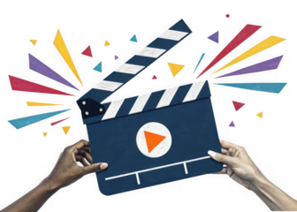 Creative filmmaking concept with clapperboard and colorful abstract shapes. Hand holding a movie clapperboard with play button and colorful abstract shapes isolated on transparent background