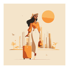 Stylish Woman with Luggage in Urban Landscape in Warm Tones
