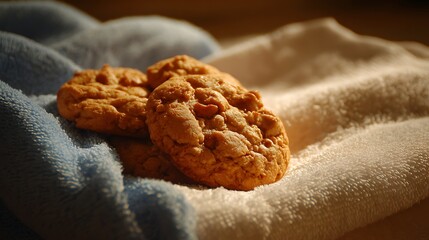 Cookies resting on a towel showing contrast in textures soft inside crisp shell