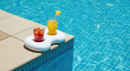 floating drink holder in pool. Refreshing cocktails served on floating tray beside swimming pool  
