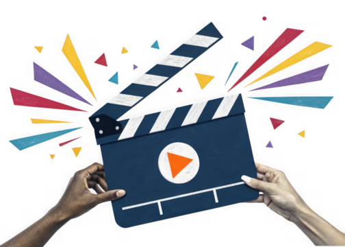 Creative filmmaking concept with clapperboard and colorful abstract shapes. Hand holding a movie clapperboard with play button and colorful abstract shapes isolated on transparent background
