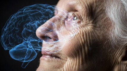 Elderly Woman Face Profile with Glowing Blue Holographic Brain Overlay on Black Background - Powered by Adobe