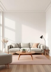 Scandinavian style interior with sofa and coffe table empty wall mock up in minimalist interior with pastel colors 3d illustration Empty room interior design architecture blank design room