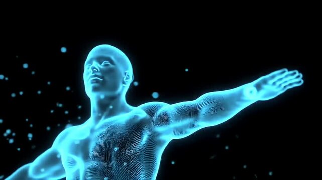 Ethereal Blue Holographic Human Figure Against Black Backdrop for Futuristic Themed Adobe Stock Photo