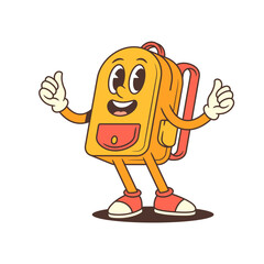 Backpack mascot character giving two thumbs up with joyful grin. Ideal for educational content, apps, or branding that promotes success. Vector illustration