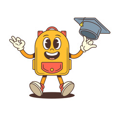 Backpack mascot jumping in excitement, holding a graduation cap and flashing a peace sign. Great for educational achievements, school celebrations, or academic events. Vector illustration