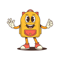 Backpack mascot with both arms raised giving thumbs up, wearing a wide smile and showing positive vibes. Perfect for motivational materials, school-themed branding. Vector illustration