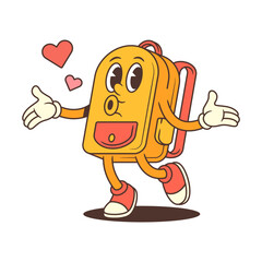 Obraz premium A joyful backpack character jumps with open arms and hearts floating around, perfectly embodying love, excitement, and celebration themes for social or educational projects. Vector illustration