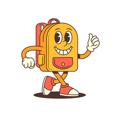 Confident backpack mascot smiling brightly while raising a thumbs-up. Great for approval, success, educational promotion, or uplifting content in fun or motivational projects. Vector illustration.