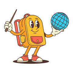 Backpack mascot holding a globe and stick with a warm smile, symbolizing learning, teaching, and exploration. Ideal for school projects, educational apps, or knowledge branding. Vector illustration