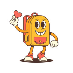 Backpack character with expressive eyes and smile holding a heart symbol in a lively pose. Great for school materials, emotional learning content, or kindness-themed promotions. Vector illustration