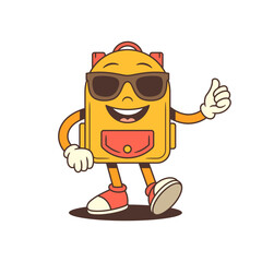 School backpack character with sunglasses, wide smile, peace sign, and thumbs-up in a lively walking pose. Perfect for school branding, playful content, or educational materials. Vector illustration