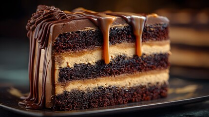 Exquisite Multi-layered Dessert Featuring Chocolate and Caramel Creams with Luscious Buttercream Base and Intricate Glaze Details
