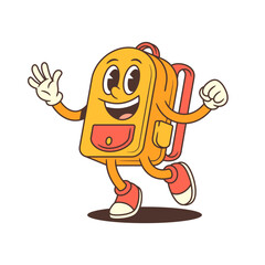 Colorful cartoon backpack character with bright eyes, big smile, waving hand, and energetic pose. Perfect for school-themed materials, educational branding, and positive visuals. Vector illustration
